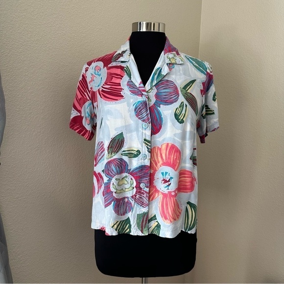 JAMS WORLD Vintage Floral CLAW FLOWER GRAY Tropical Button Up Short Sleeve Shirt - Picture 1 of 12